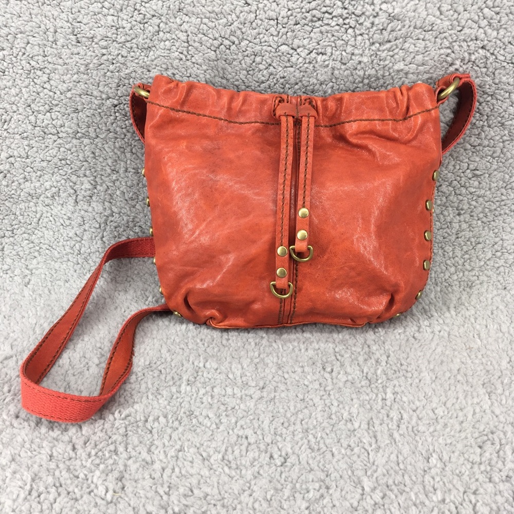 FOSSIL Brunt Orange Leather Small Hobo Bag Pouch Brass Accents